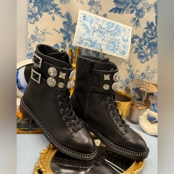 🆕 KURT GEIGER LONDON 🧿 NWOB Stoop Black Leather Combat Boot, Crystal Sz 37 US7 - Picture 3 of 15